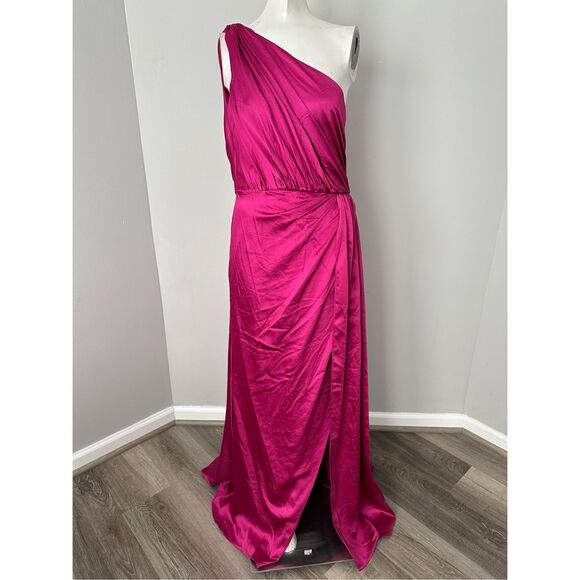 NWT Ieena for Mac Duggal One Shoulder Slit Satin Faux Wrap Maxi Gown Berry Sz 6 - Picture 6 of 13